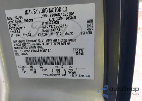 2004 Ford F-150 Fx4/Lariat/Xl/Xlt from USA, damaged, VIN 1FTPX14564FA25154